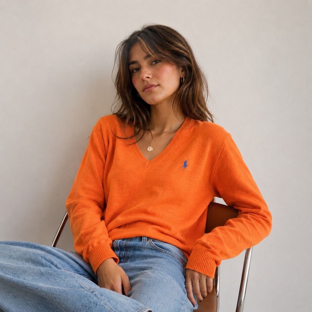 Ralph Lauren Sport Y2K Orange Cotton Linen V-Neck Boyfriend Fit Sweater Small